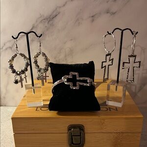 Silver Cross Earrings and Bracelet Set